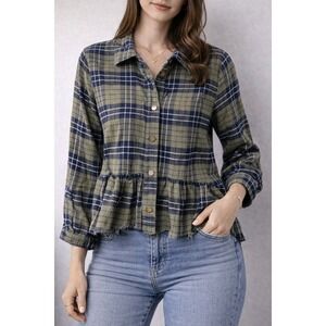 Rachel Hollis Plaid Peplum Jacket Womens 12 Green Navy Blue Raw Hem Button Front